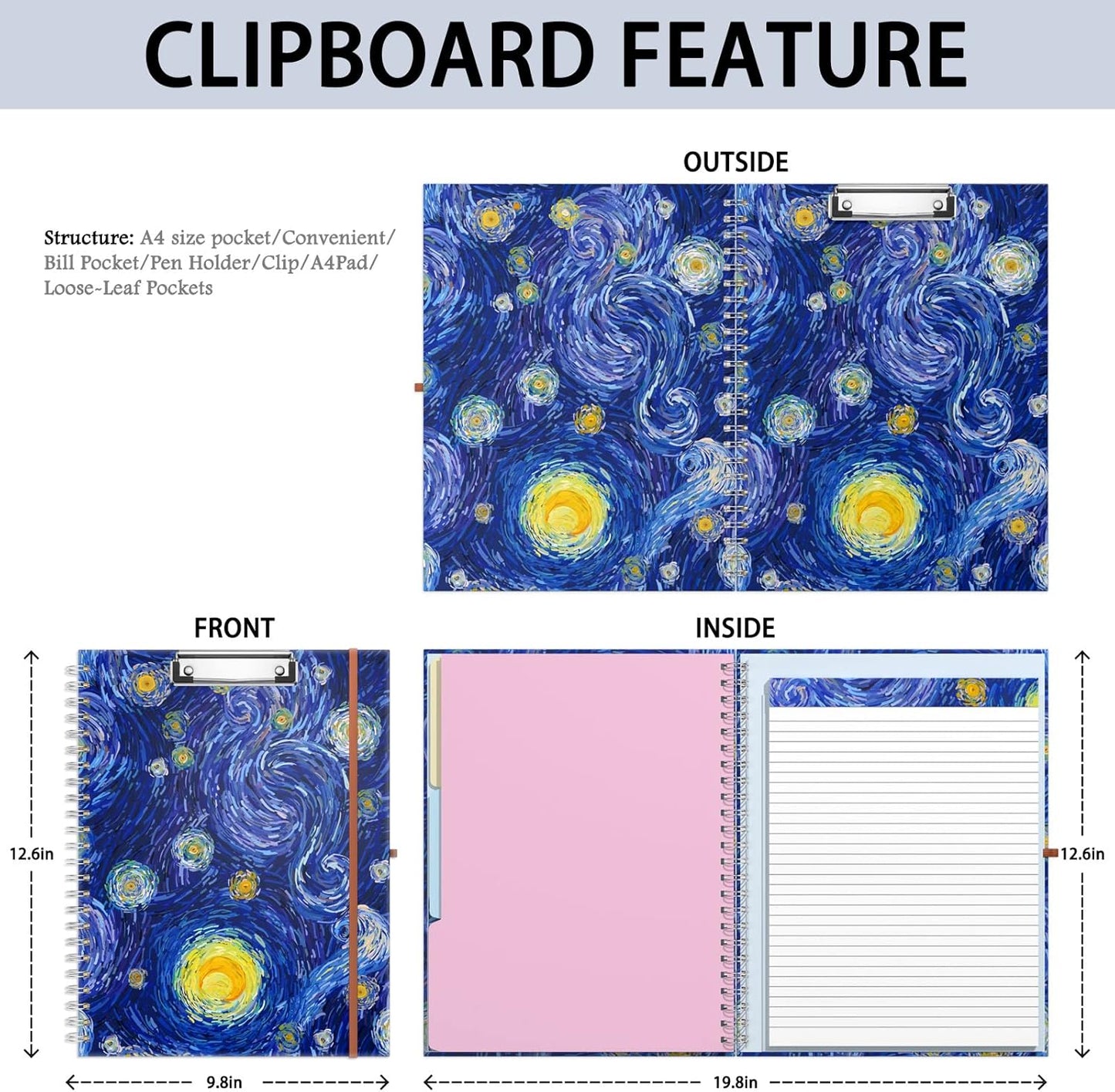 Rimilak Spiral Clipboards Folio with Refillable Lined Notepad, 14.5 x 9.8 In, Hardcover Cover with 5 Interior Pockets, Elastic Band and Pen Loop Series. Cute Stylish Clipfolio, Daisy Flower