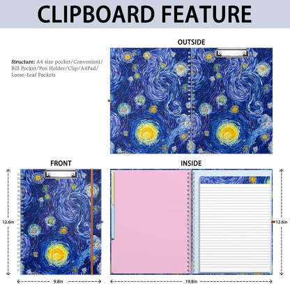 Rimilak Spiral Clipboards Folio with Refillable Lined Notepad, 14.5 x 9.8 In, Hardcover Cover with 5 Interior Pockets, Elastic Band and Pen Loop Series. Cute Stylish Clipfolio, Daisy Flower