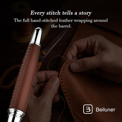 BEILUNER 318 Luxury Leather Pen, Hand-Stitched Premium Leather, Chrome-Plated Finish, Schmidt Ink Refill, Best Rollerball Pen Gift for Men & Women, Refillable, Executive Writing, Nice Pens