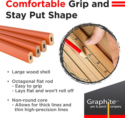 GRAPHITE Hard Lead Carpenter Pencils Bulk - (1) Pack of 12 Pieces Lumber Wooden Pencil #2 (HB) - Red