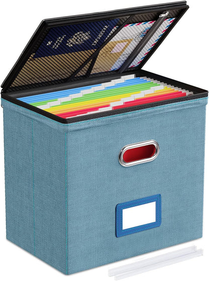Oterri 2 Pack File Organizer Boxes with Lids, File Box with Mesh Pockets, Document Organizer Box for File Folders Letter Size, Zippers Filing Box for Home, Office, School (Green, Without Folders)