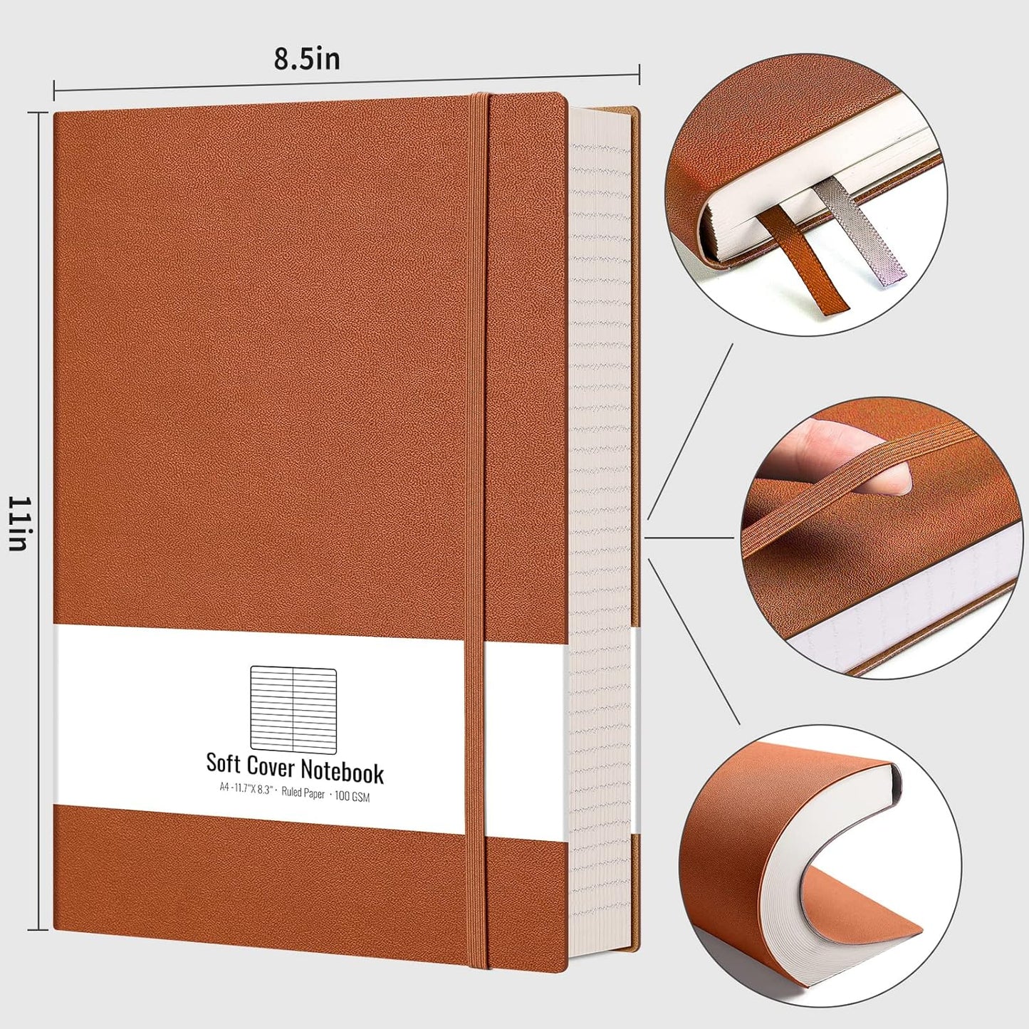 AHGXG 8.5''×11'' Notebook College Ruled - Large A4 Notebook Lined Journal - 320 Pages Thick Journal for Writing, 100gsm Thick Paper, Leather Softcover, for Work School - Black