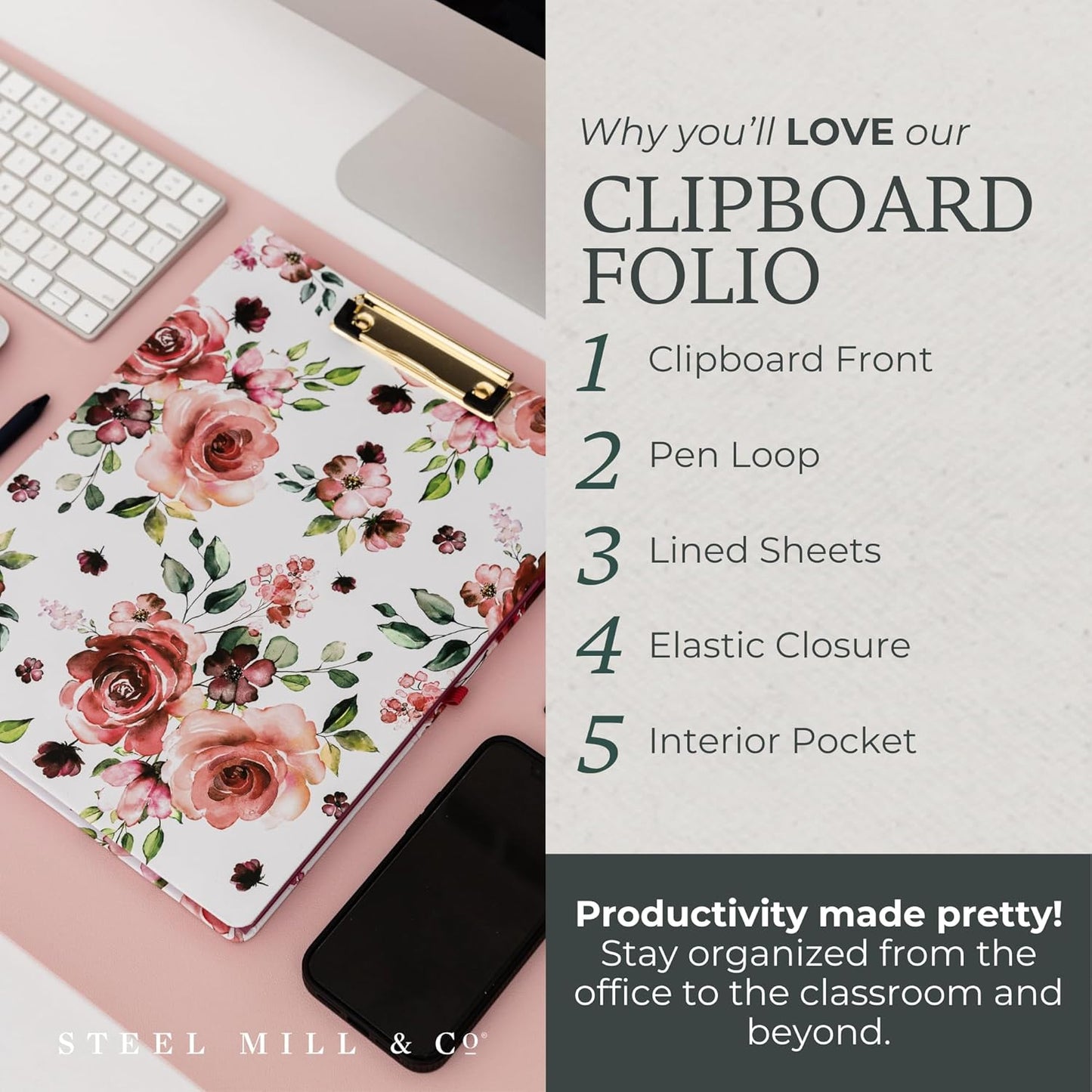 Steel Mill & Co Cute Clipboard Folio with Refillable Lined Notepad and Interior Storage Pocket, Floral Padfolio for Work, Garden Blooms Cream