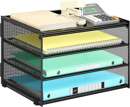 Lavatino 3-Tier Letter Tray Desk Organizer, Mesh Metal Paper File Tray Organizer for Desk, Office Supplies & Home Organization, Fits A4 Paper, Mail, Magazines & Office Accessories (Black with Handle)