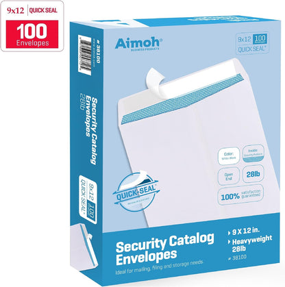 Aimoh 100 9 x 12 SELF Seal Security White Catalog Envelopes - 28lb - Security Tinted, Ultra Strong Quick-Seal, 9x12 inch (38100)