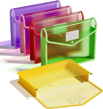 ThinkTex Plastic Expanding File Folder, Transparent Envelopes with Snap Closure, No Dividers, Large Capacity, Assorted Colors, Fits Letter / A4 Size - 5 Pack