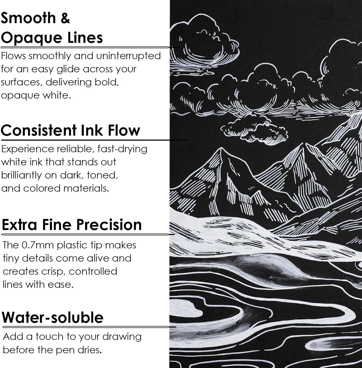 Grabie Black & White Extra Fine Tip Acrylic Paint Marker Set, 6 Pack, 0.7mm Acrylic Paint Pens for Highlights and Fine Details on Drawings, Rock Painting Glass Canvas Wood, White Highlight Markers