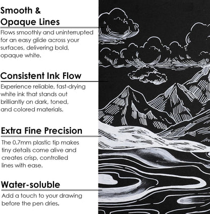 Grabie Black & White Extra Fine Tip Acrylic Paint Marker Set, 6 Pack, 0.7mm Acrylic Paint Pens for Highlights and Fine Details on Drawings, Rock Painting Glass Canvas Wood, White Highlight Markers