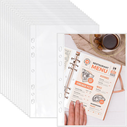 VOKOY 100 Pack 5.5x8.5 Inch Sheet Protectors for 3 or 6 Ring A5 Binder, Half Letter Size 7 Holes Mini Heavy-Duty Sheet Protector Sleeves Crystal Clear Playbill Binder Pockets