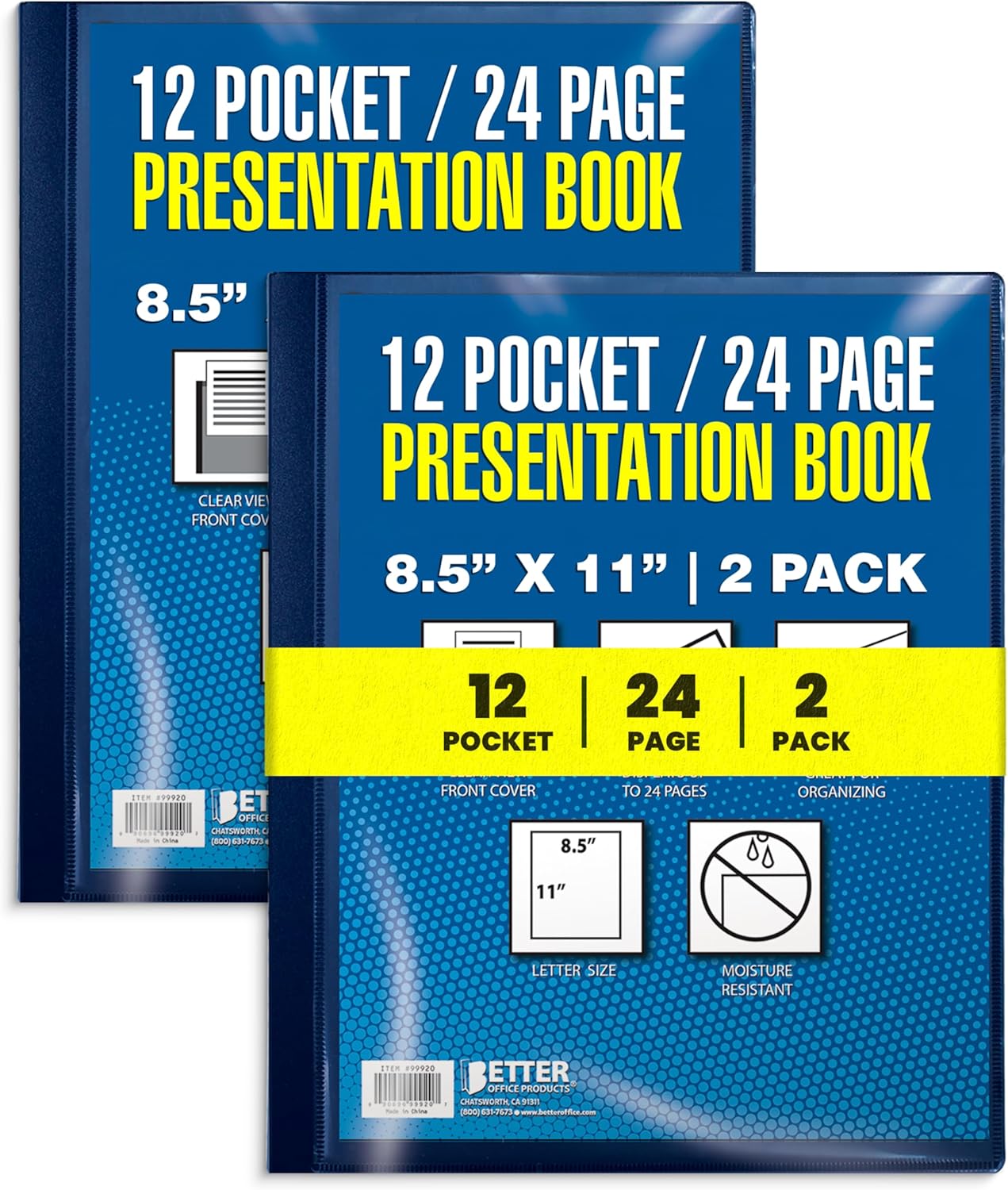 Better Office Products 12 Pocket Bound Presentation Book, Blue with Clear View Front Cover, 24 Sheet Protector Pages, 8.5" x 11" Sheets, Art Portfolio, Durable Poly Covers, Letter Size, Blue