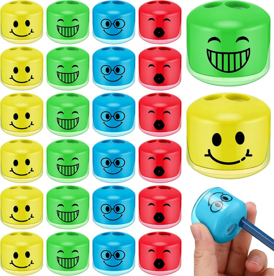 Crtiin 24 Pcs Pencil Sharpeners for Kids Classroom Cartoon Smile Small Pencil Sharpener Handheld Manual Dual Holes Gifts for School Office Art Room
