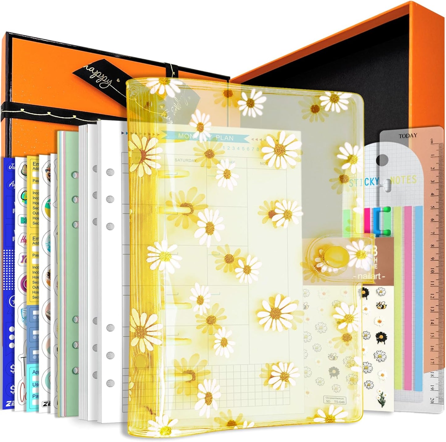 A6 A5 6-Holes Colorful PVC Cover Round Ring View Binder with Snap Button Closure File Folder for Loose Leaf Sheet Protectors Notebook Refill (Pink Daisy, A5 Mini Set) - Colors B