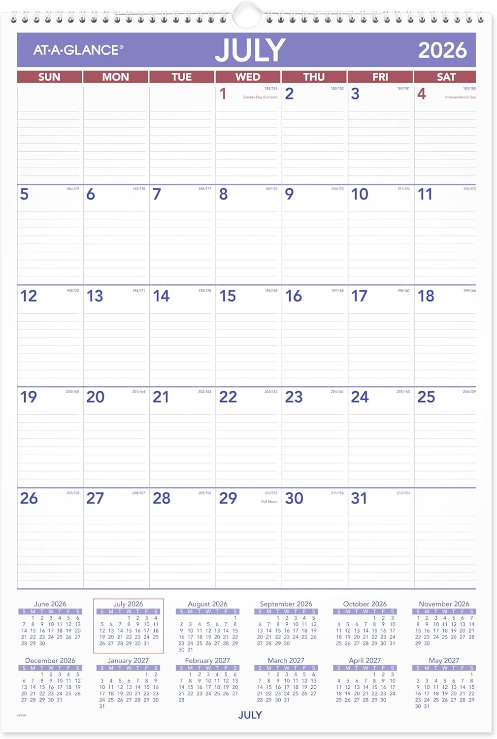 AT-A-GLANCE Wall Calendar 2026-2027 Planner, Academic 12-Month July-June, Monthly, 15-1/2" x 22-3/4", Ruled Daily Blocks (AY328)
