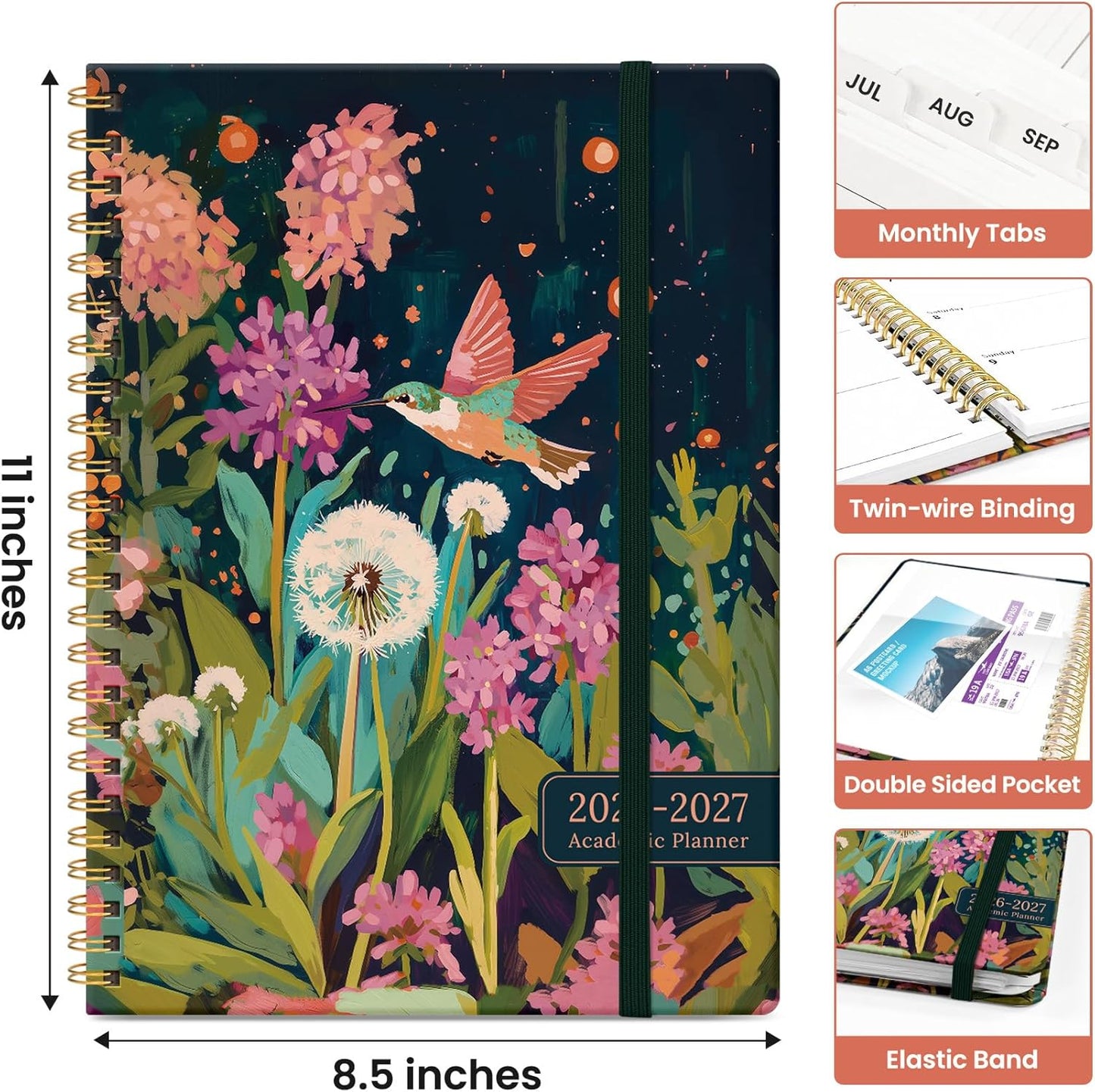 Planner 2026-2027, Academic Year Monthly and Weekly Calendar Planner, Jul 2026 - Jun 2027, Hardcover Teacher Student Planning Agenda book with Tabs, Perfect for School Office Supplies, 6.3" x 8.5" - Wildflowers
