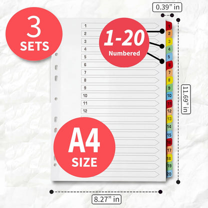 Binder Dividers with Tabs 1-20 Numbered – A4 (3 Pack) | Dividers for 3 Ring Binder | Numbered Tab Dividers for Office, School & Home Organization - The Paper Shop