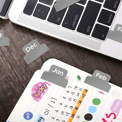 Outus 24 Pieces Monthly Adhesive Tabs for Planner - Designer Accessories Monthly Tabs Stickers Decorative for Office Planners Organizations Sturdy Notebook Planners Journal(Black)