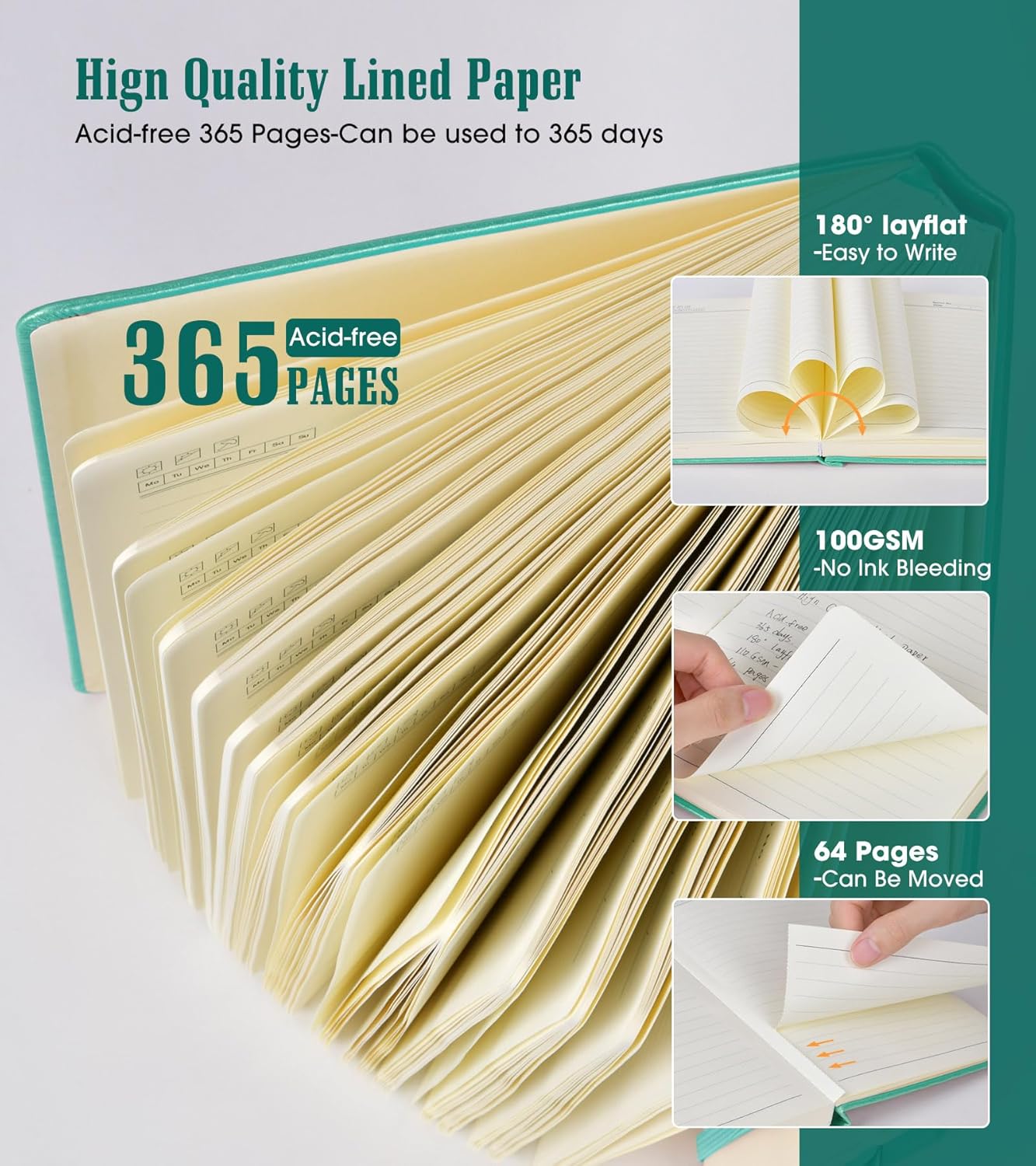 Lined Journal Notebook -365 Pages A5 Thick Journals for Writing Ruled Notebook, Hardcover Leather Journal for Women Men Daily Journal Notebook for Work, Note Taking, 100Gsm Lined Paper( 5.75'' X 8.38'' Green)