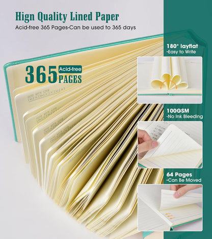 Lined Journal Notebook -365 Pages A5 Thick Journals for Writing Ruled Notebook, Hardcover Leather Journal for Women Men Daily Journal Notebook for Work, Note Taking, 100Gsm Lined Paper( 5.75'' X 8.38'' Green)