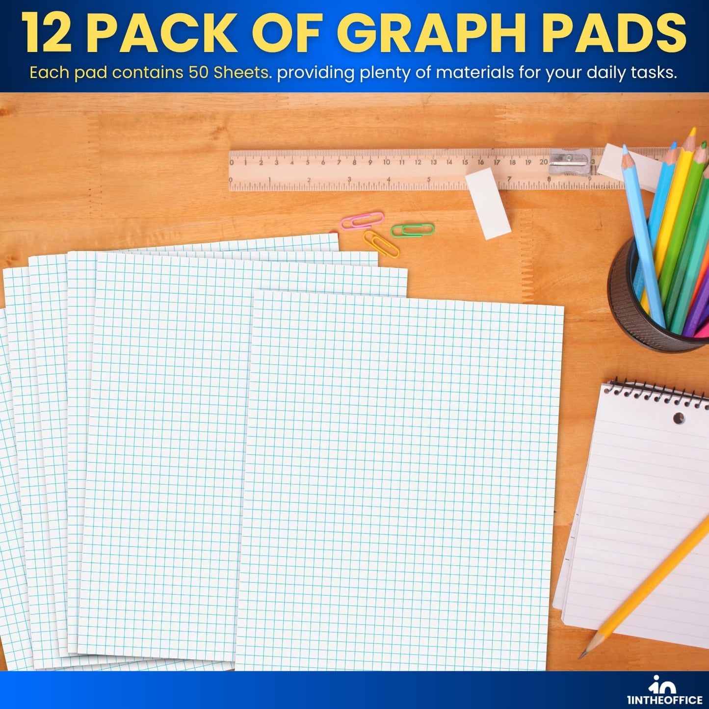 1InTheOffice Graph Paper Pads, Quadrille Ruled Writing Pad White Economy, 8 1/2" x 11 3/4" - 12/Pack