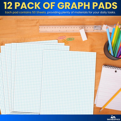 1InTheOffice Graph Paper Pads, Quadrille Ruled Writing Pad White Economy, 8 1/2" x 11 3/4" - 12/Pack
