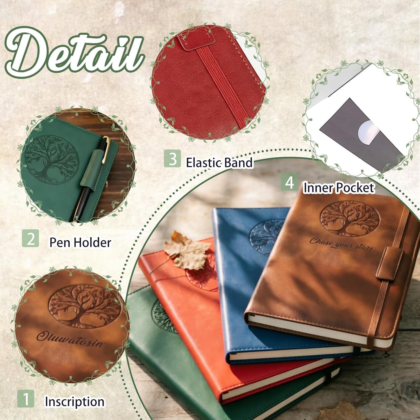 Personalized Text A5 Lined Journal Notebook for Men Women Custom Leather Journal Life Tree Notepad Gift to Writing Travel Business Work School College (Custom notebook - 4)
