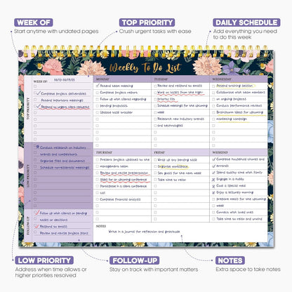 Taja Weekly To Do List Notepad with 52 Undated Sheets（8.5"×11"）- Weekly Desk Planner for Women & Man, Work and Home -1 Pack Violet Dream