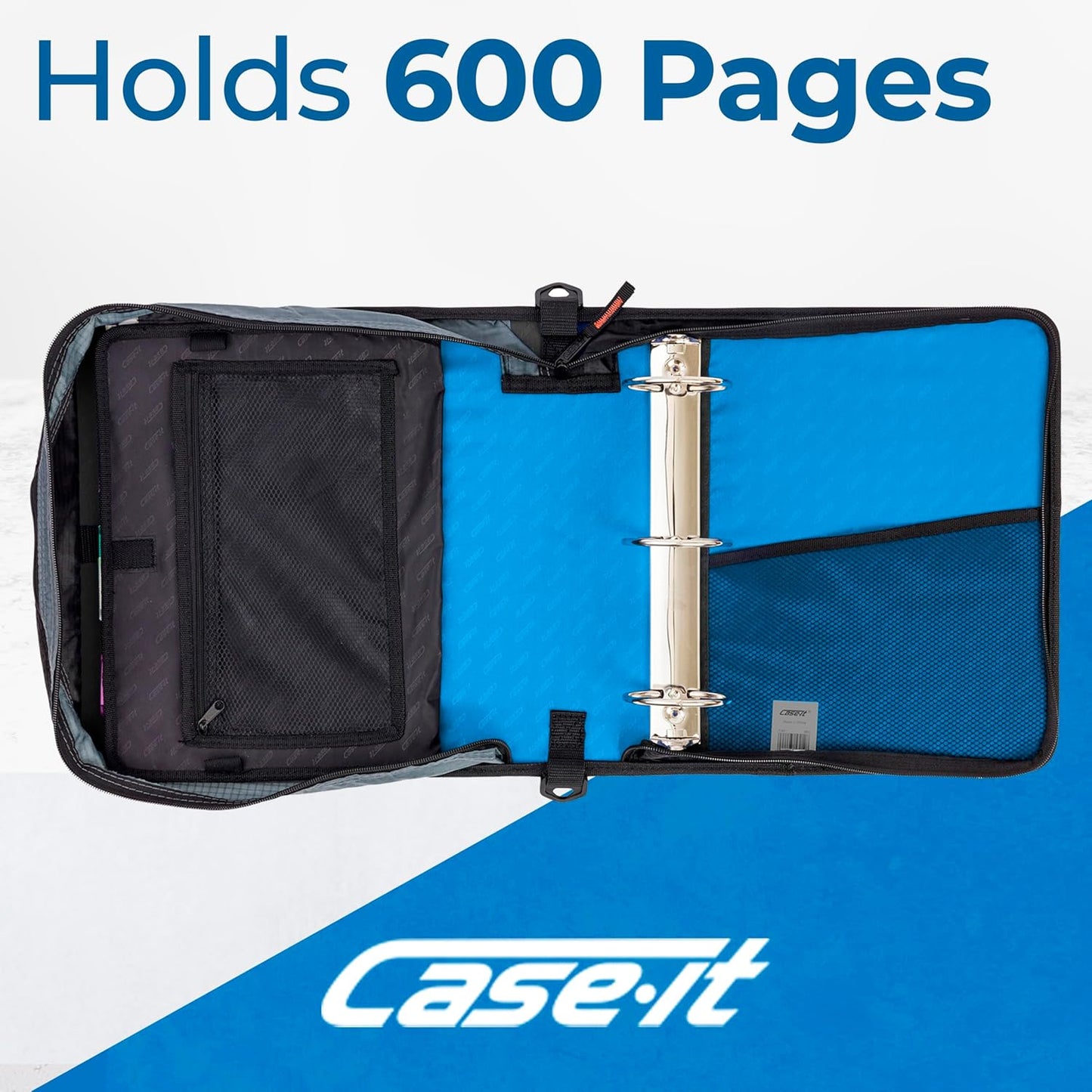 Case-it Mighty Zip Tab School Zipper Binder | 3-Inch O-Rings, 600-Sheet Capacity, 5-Subject Expanding File Folder, Multiple Pockets & Storage Organizer, Shoulder Strap | D-146 Jet Black