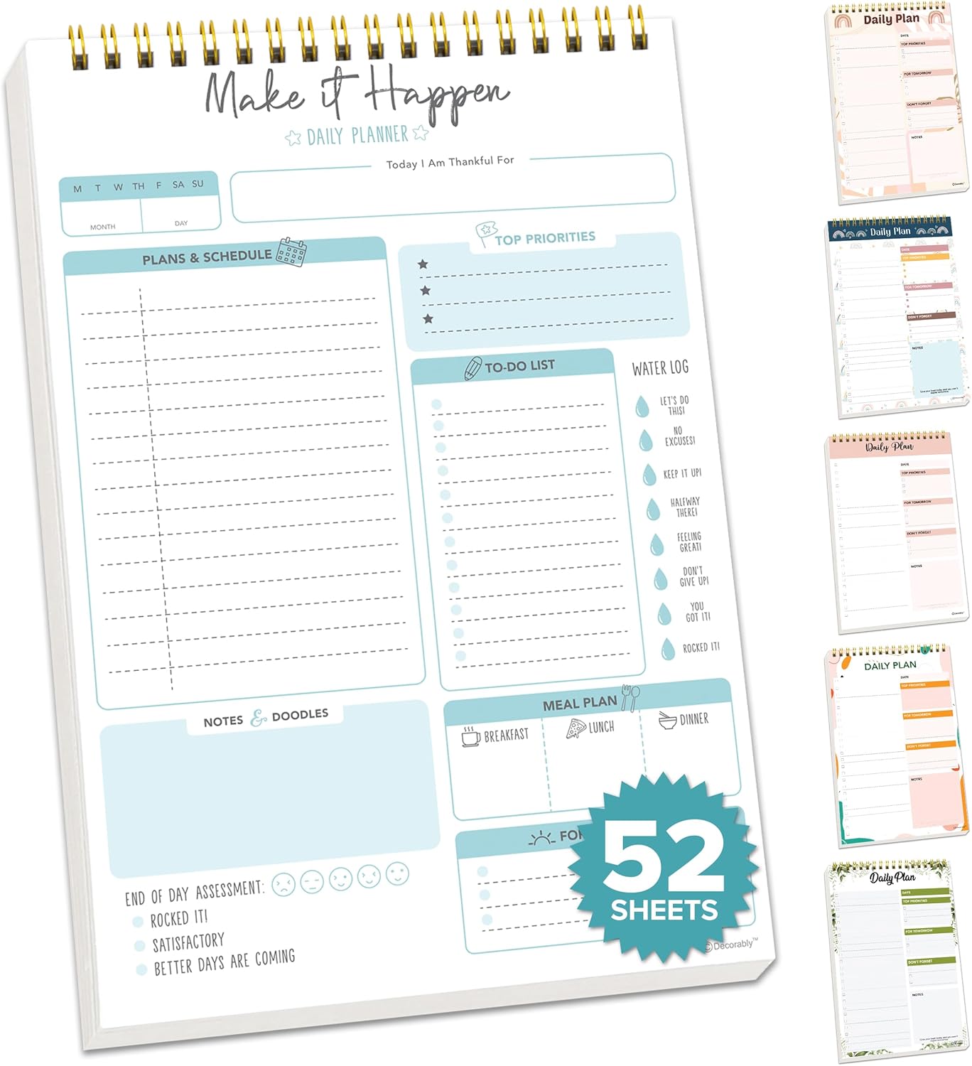Decorably 52 Sheets Boho Celestial Undated Daily to Do List Notepad - 6.5x10" Spring-Bound Planner, Easy Tear-Off, for Schedule, Priorities, Agenda, Water Intake, Meals, Notes & Doodles - Home, Office