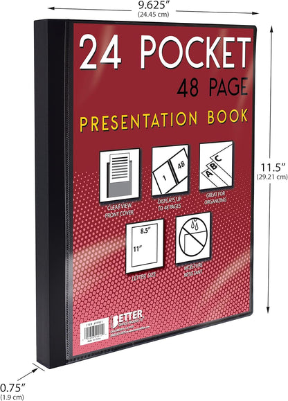 Better Office Products 24 Pocket Bound Presentation Book, Black, Clear View Front Cover, 48 Sheet Protector Pages, 8.5" x 11" Sheets, Art Portfolio, Durable Poly Covers, Letter Size (2 Pack)