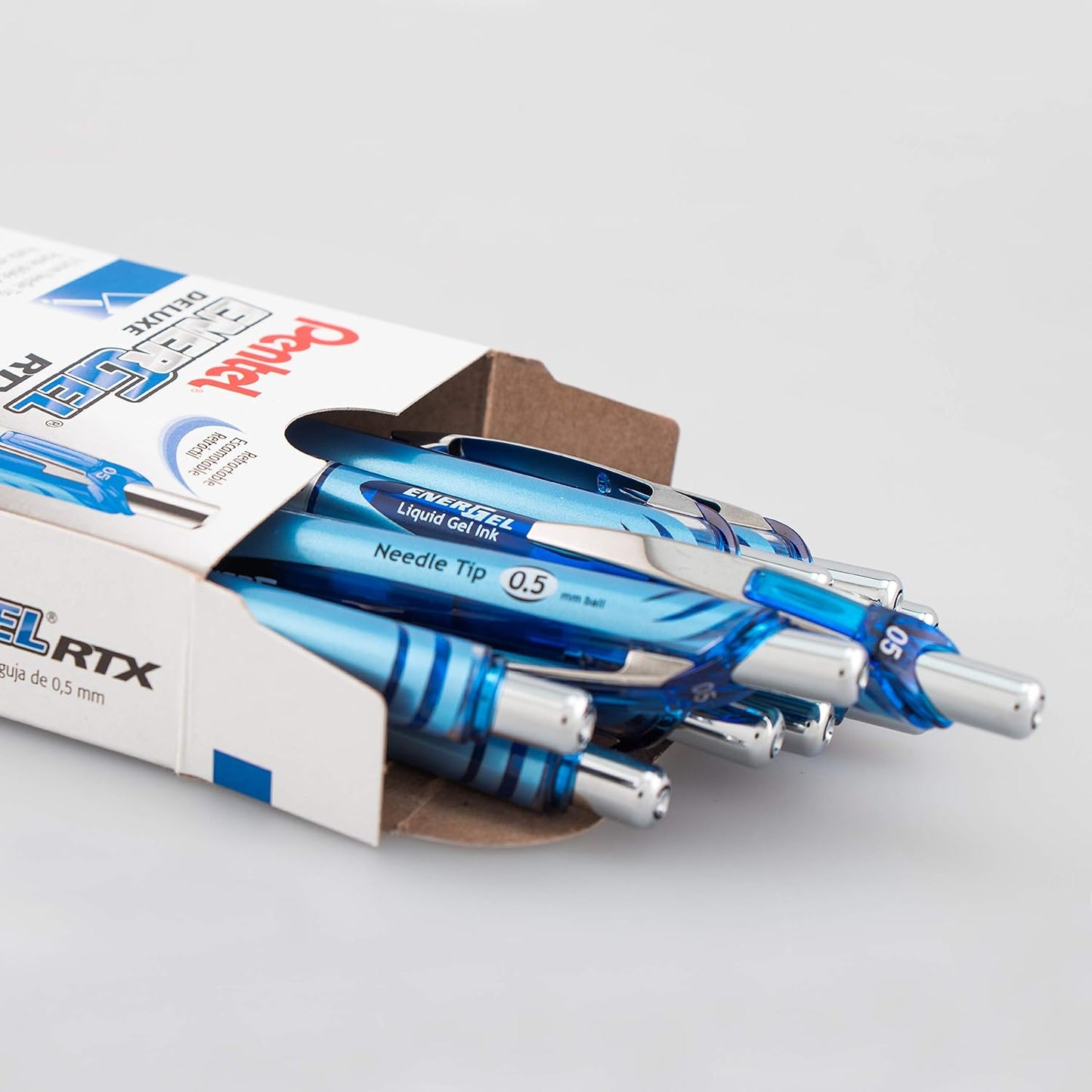 Pentel® EnerGel™ Deluxe RTX Retractable Liquid Gel Pens, Fine Point, 0.5 mm, 54% Recycled, Blue Barrel, Black Ink, Pack Of 12 Pens