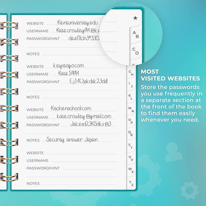 Clever Fox Password Book Spiral – Internet Address & Password Organizer with Laminated Alphabetical Tabs – Password Keeper Journal – Hardcover, Medium Size, 6.1x7.7” (Mystic Blue)