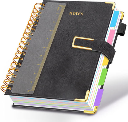 Hardcover Spiral Notebook College Ruled, 8"x10" Leather Journal Notebook with Magnetic Closure, 300 Pages 5 Subject Notebook with Dividers Tabs Journal for Women Men, Work, School(Rose Red)