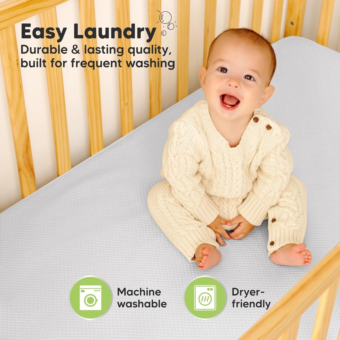 2-Pack Waterproof Crib Mattress Protector Cover Fitted - Quiet Baby Crib Mattress Pad Sheets, 52" x 28" Soft Quilted Cotton Baby Sheet, Machine Washable, Easy Fit, Durable (Soft White/Mavy)