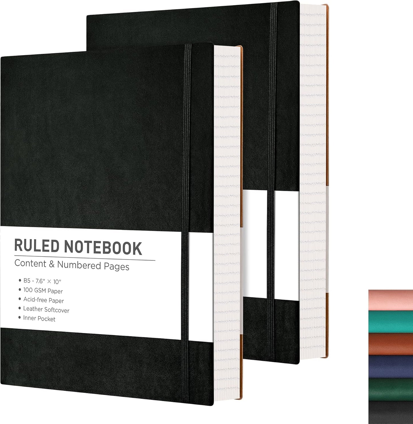 RETTACY Lined Journal Notebook, 2-Pack, 204 Numbered Pages per Pack, B5 Medium 7.6" × 10", Leather Softcover, 100 GSM Thick Paper, for Writing, Work, School (Black & Dark Green)