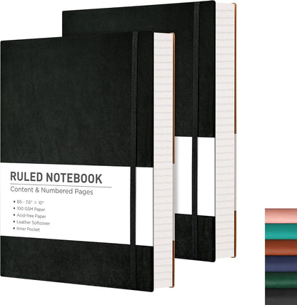 RETTACY Lined Journal Notebook, 2-Pack, 204 Numbered Pages per Pack, B5 Medium 7.6" × 10", Leather Softcover, 100 GSM Thick Paper, for Writing, Work, School (Black & Dark Green)