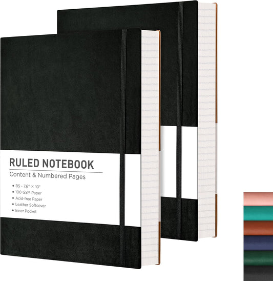 RETTACY Lined Journal Notebook, 2-Pack, 204 Numbered Pages per Pack, B5 Medium 7.6" × 10", Leather Softcover, 100 GSM Thick Paper, for Writing, Work, School (Black & Dark Green)