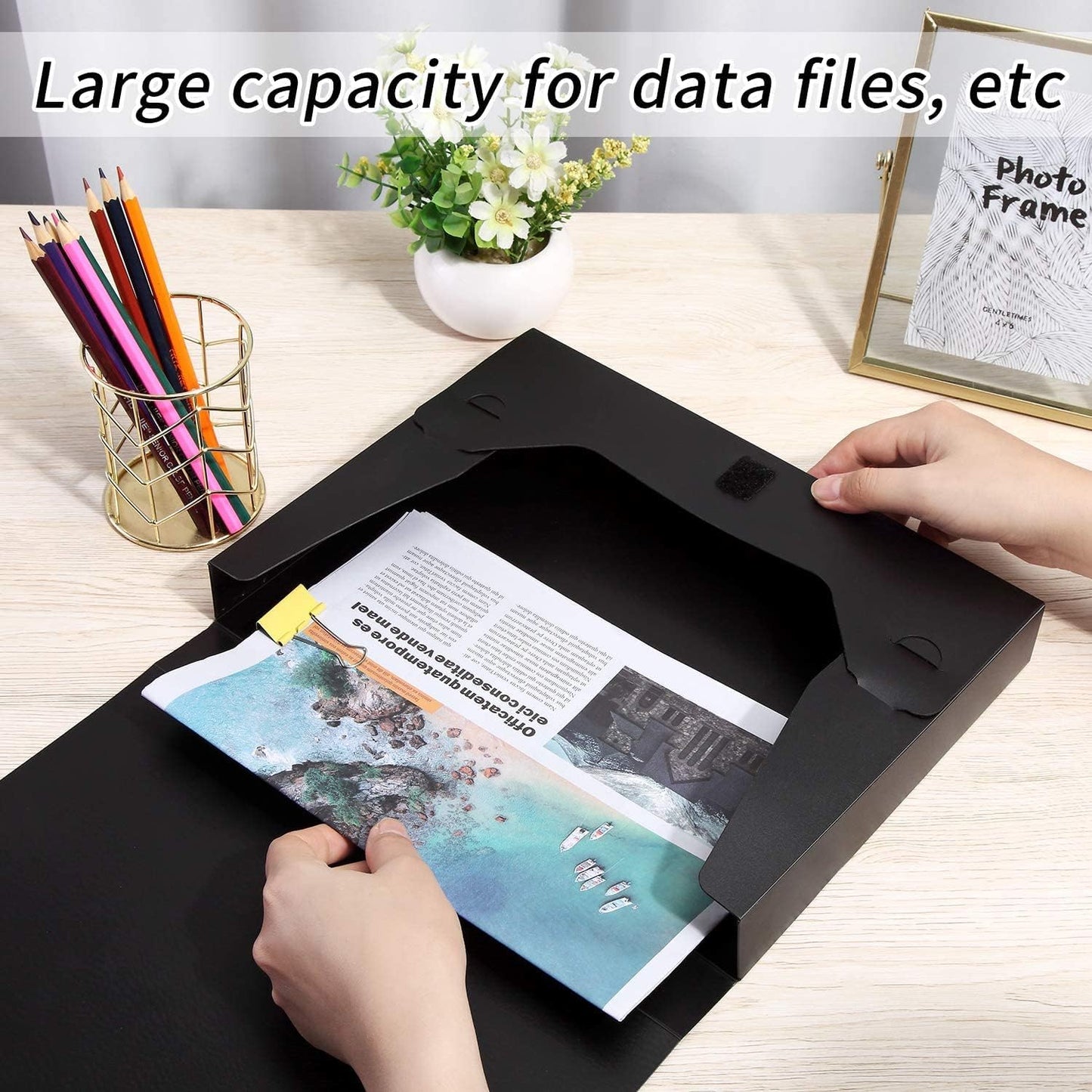 HUA JIE A4 Storage File Boxes Plastic Archives Cases with Lid, File Folder Organizer Document Filing Box for office,31×7.5×23.5 cm, Black(Pack of 4)