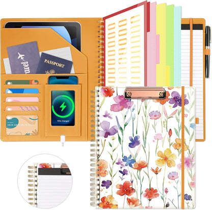 Ospelelf Clipboard with Storage for Women, Leather Padfolio Portfolio Organizer 5 Folders with 10 Pockets, Spiral Clipboard Folio with Notepad for Letter Size, Elastic Closure and Pen Loop Floral