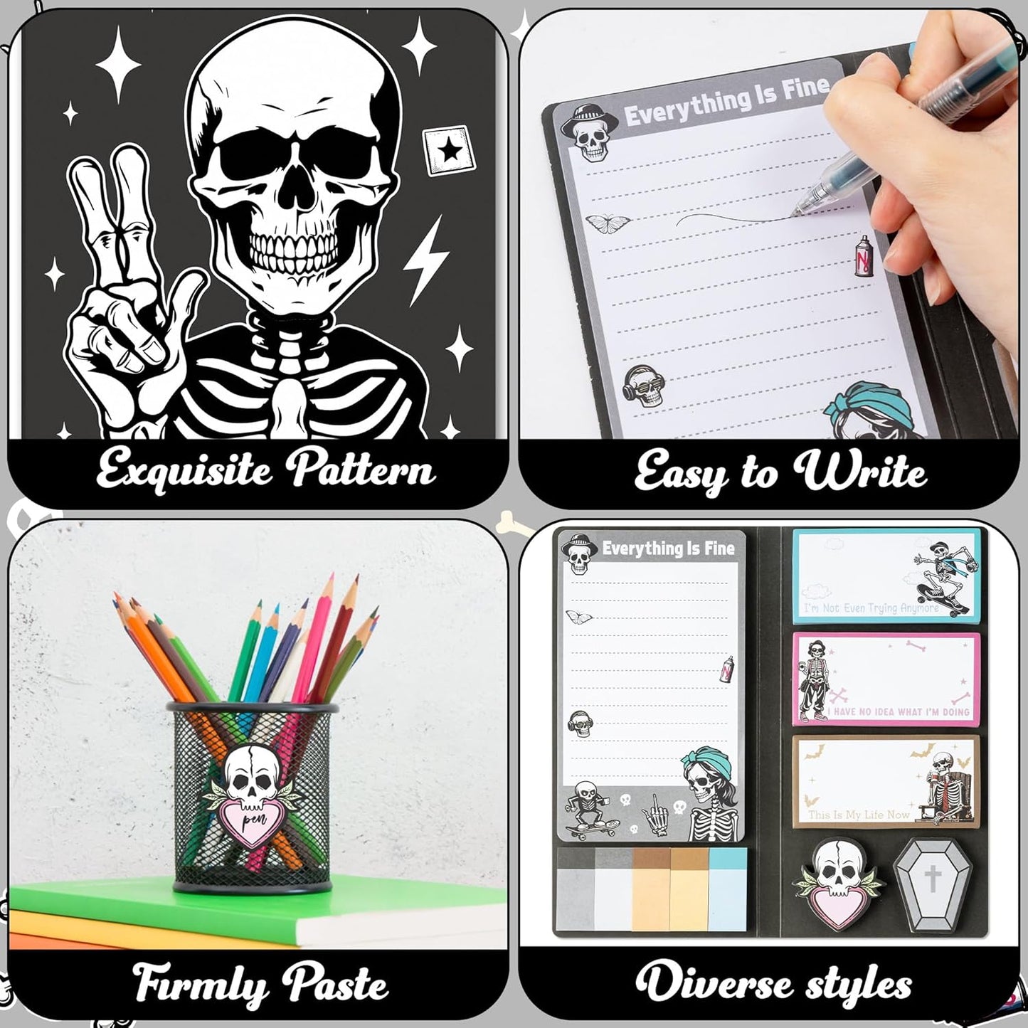 B1ykin Cute Sticky Notes Set - Stay Alive Skeleton Shaped Self-Stick Notes Pad, 550 Sheets Writing Memo Pages Sticky Notepad for Teacher Appreciation Gifts, School Office Supplies (Funny Skeleton) - Colors B