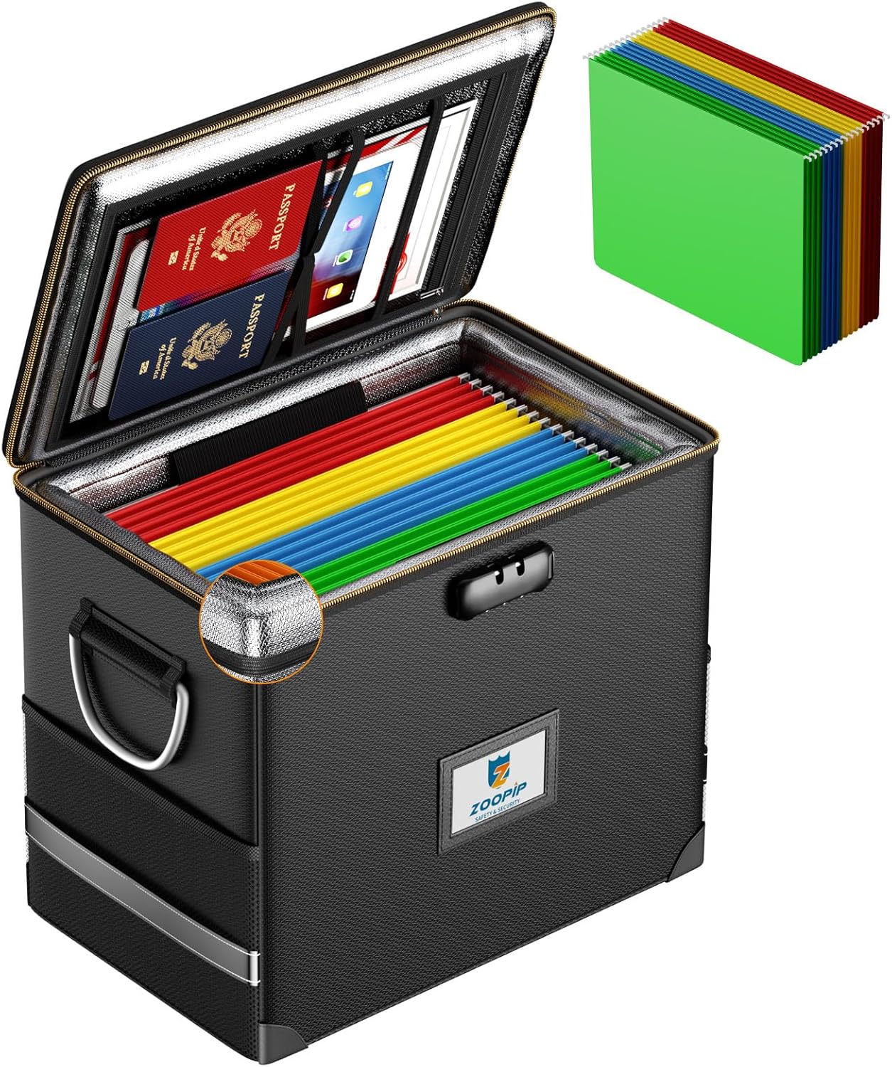 Fireproof File Box with Lock, Document Box Storage Organizer, Suitable for Hanging File Folders in Letter Size, Collapsible File Box, Reflective Strip for Fast Find (12.2"*6"*10.2, Black)