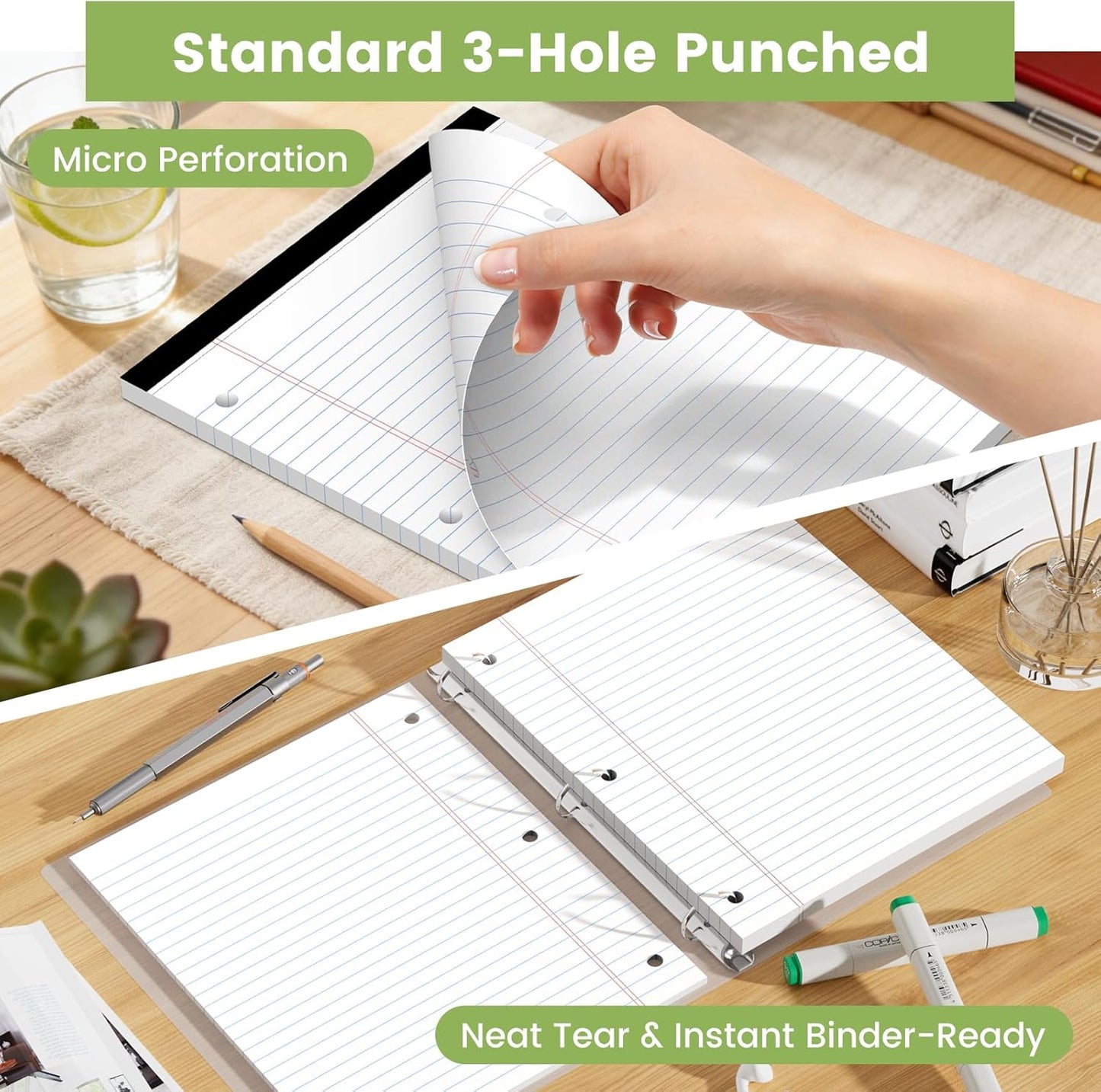 Legal Pads 8.5x11, White Notepads 8.5x11, Wide Ruled Lined with 3 Hole Punch, Loose Leaf Notebook Paper for 3 Ring Binders, 3 Pack, 30 Sheets/Pack, Perforate for School, Office, Home