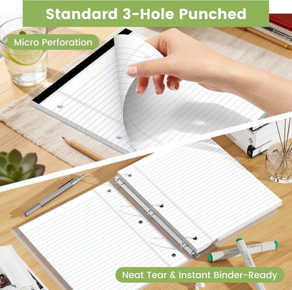 Legal Pads 8.5x11, White Notepads 8.5x11, Wide Ruled Lined with 3 Hole Punch, Loose Leaf Notebook Paper for 3 Ring Binders, 3 Pack, 30 Sheets/Pack, Perforate for School, Office, Home