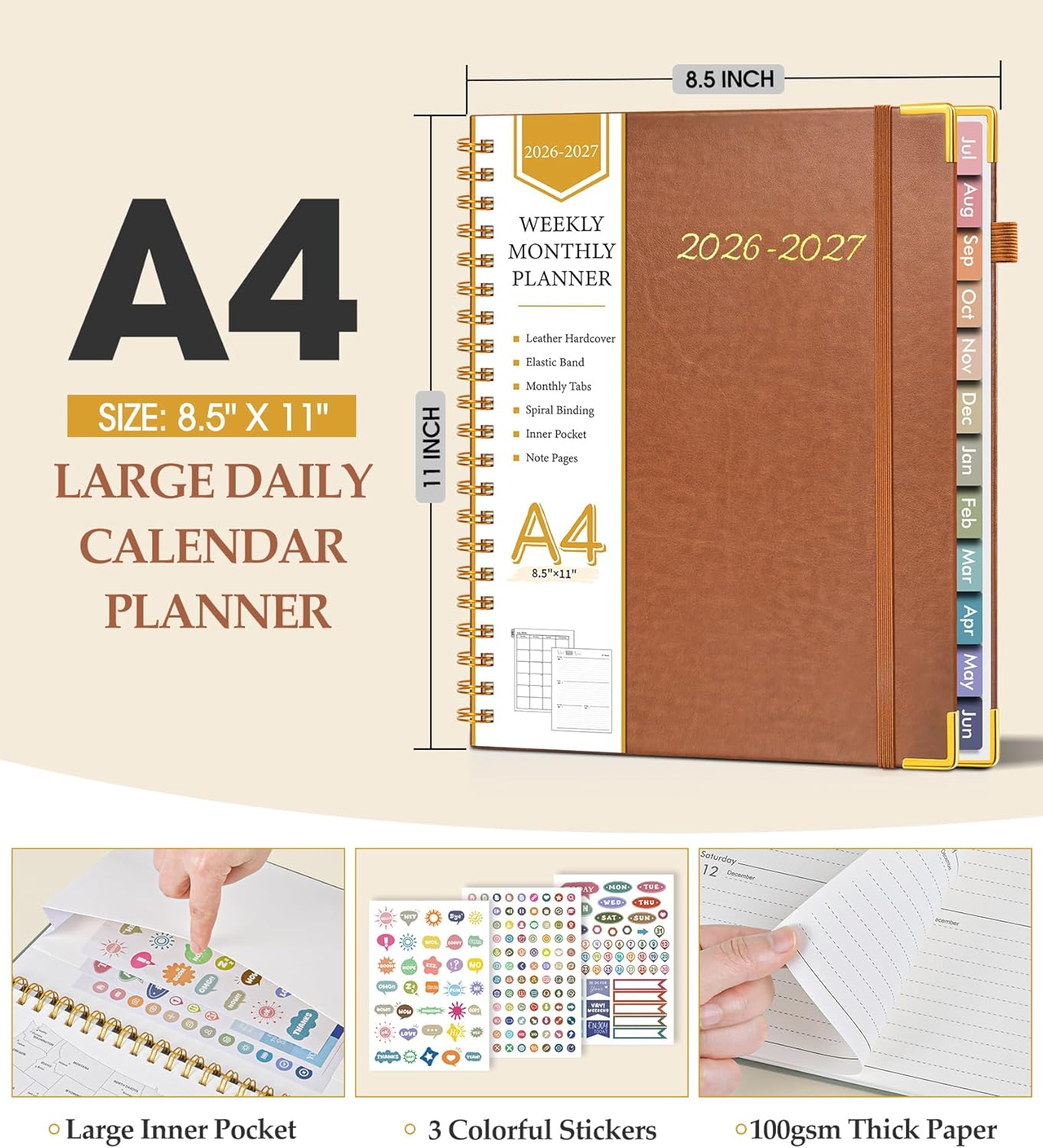 2026 Planner, Weekly and Monthly Calendar Planner from January 2026 - December 2026, 8.5" x 11" Hardcover Leather Hourly Appointment Book with Tabs, Spiral Daily Planners for School Work Home, Green