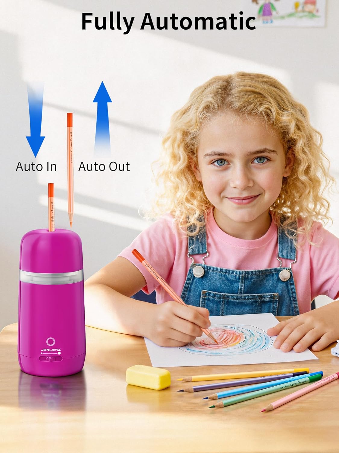 JARLINK Automatic Electric Pencil Sharpener - Hands-Free Operation, 3 Sharpness Modes, 3-Second Sharpening, Rechargeable & Portable for 7-12mm Pencils, Ideal for Classroom and Home Use (Black)