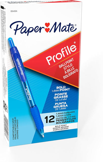 Paper Mate Profile Retractable Ballpoint Pens Bold, 1.4mm, Assorted Colors, 12 Count - Back to School, Home, Office, Teacher Supplies