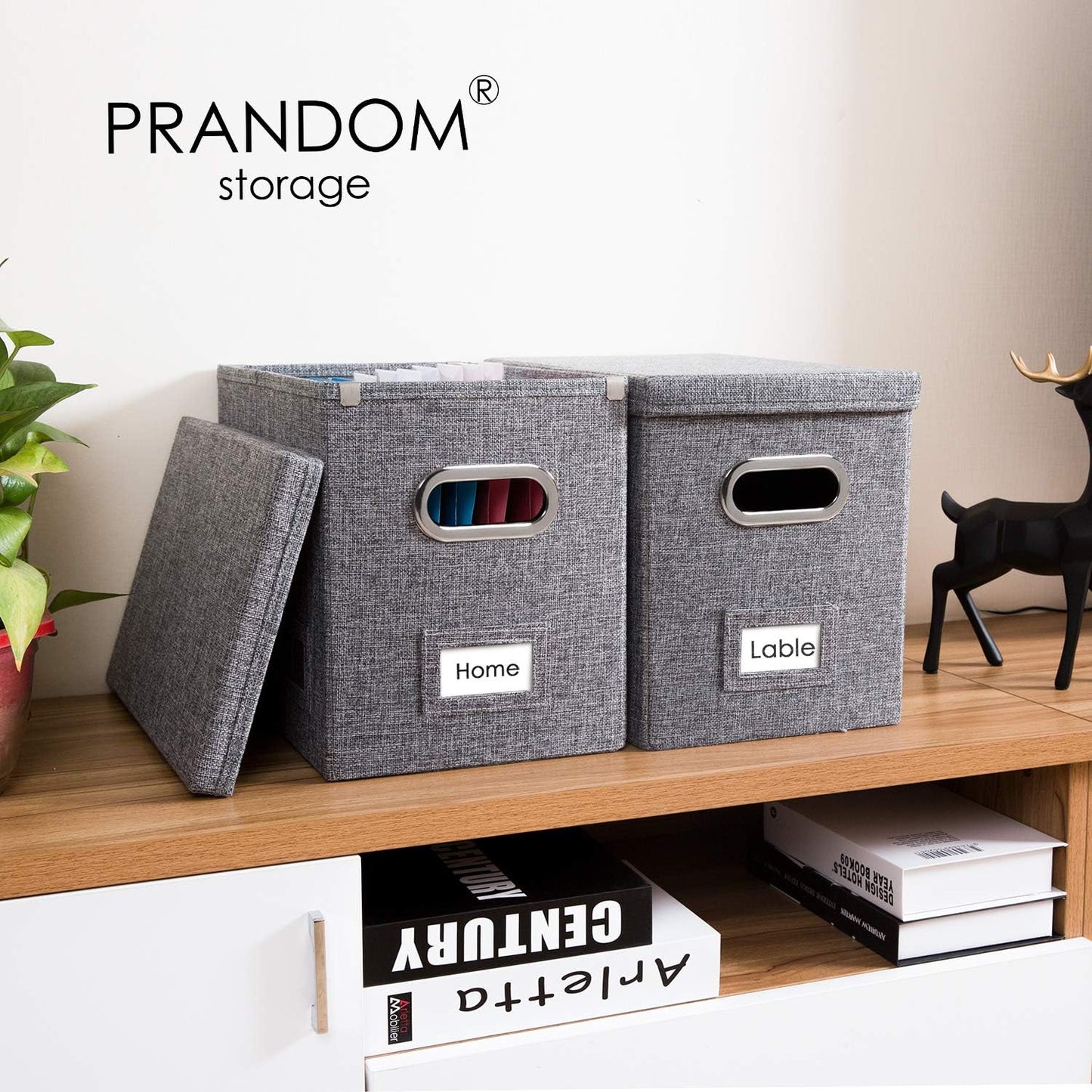PRANDOM File Organizer Box - Collapsible Decorative Linen Filing Storage with Lids for Letter Size - Grey (14x9.3x10.8 inch)