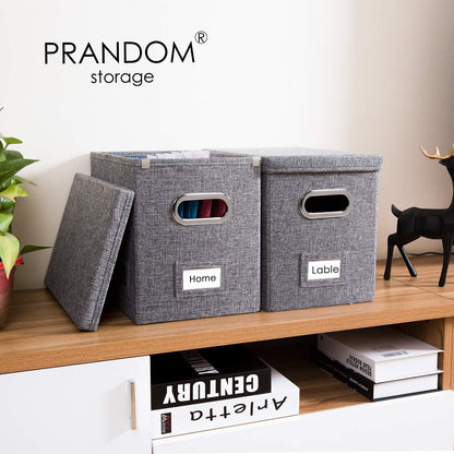 PRANDOM File Organizer Box - Collapsible Decorative Linen Filing Storage with Lids for Letter Size - Grey (14x9.3x10.8 inch)
