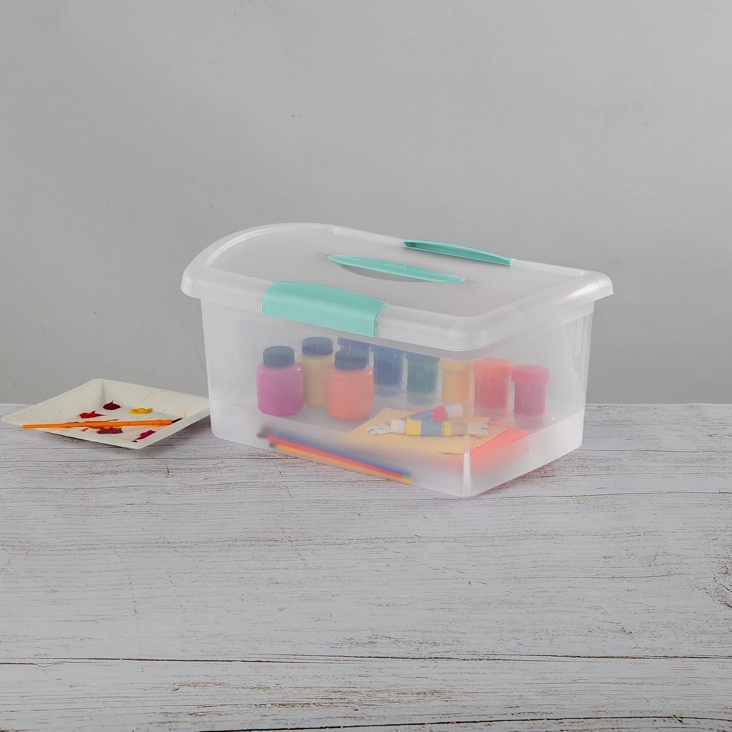 Sterilite Large Nesting ShowOffs, Stackable Small Storage Bin with Latching Lid and Handle, Plastic Container to Organize Office Files, Clear, 6-Pack