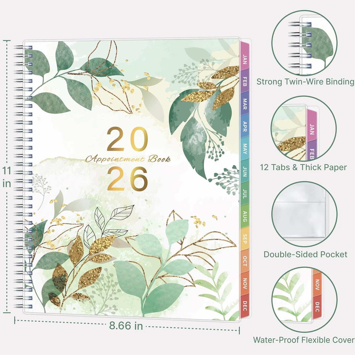 2026 Appointment Book, 30 Minutes-Hourly, Weekly ＆ Monthly Calendar Planner 2026, Jan 2026 - Dec 2026, 8.5'' x 11'', 2026 Daily Planner with Tabs ＆Pocket, Flexible Cover, Great for Office, Home, School