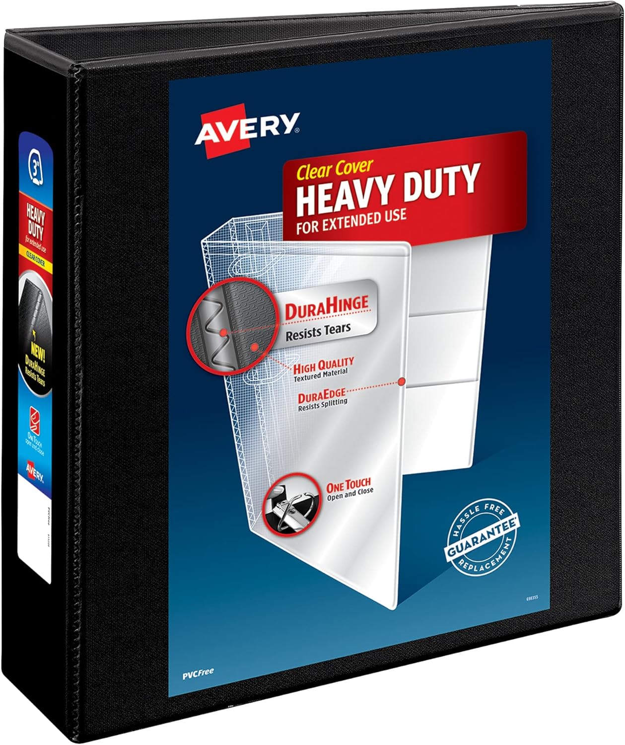 Avery Heavy-Duty View 3 Ring Binder, 1" One Touch Slant Rings, Holds 8.5" x 11" Paper, 1 Black Binder (05300)